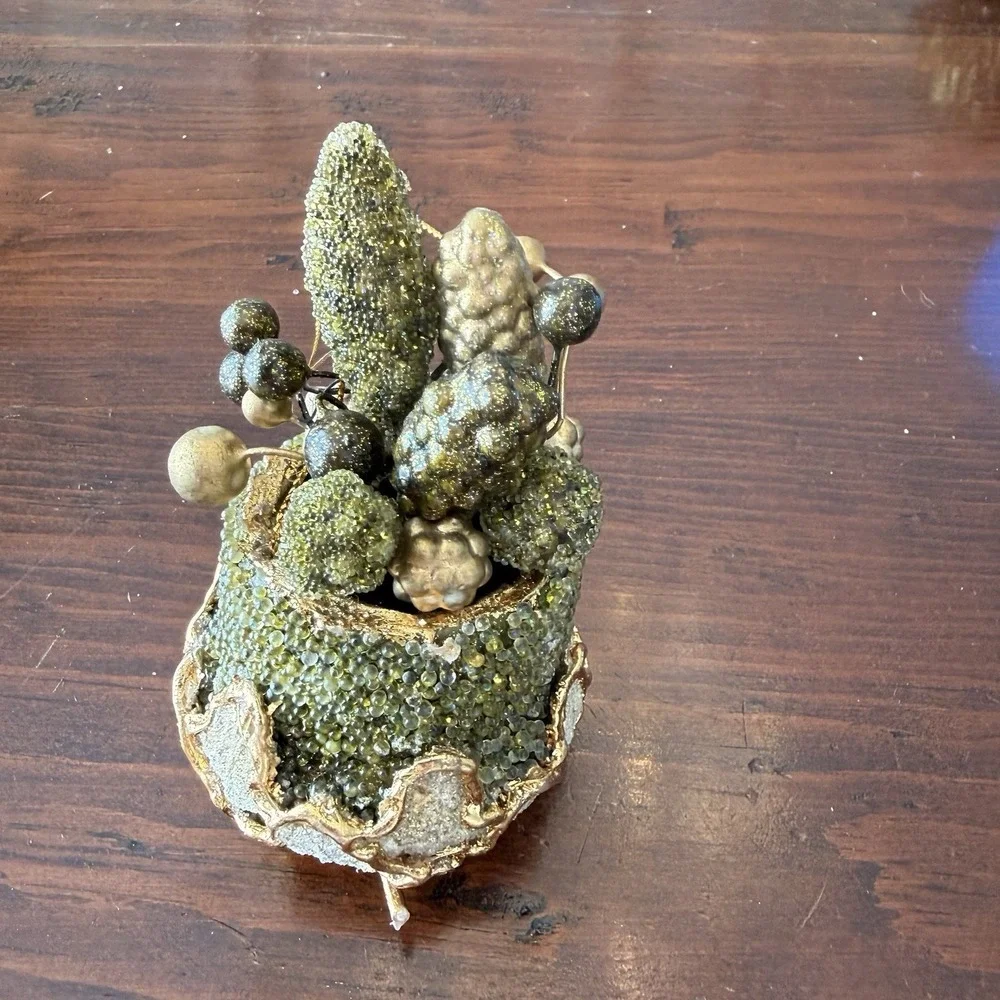 Sugared Sparking Green Gold Fruit Basket Grapes Ornament 4.5